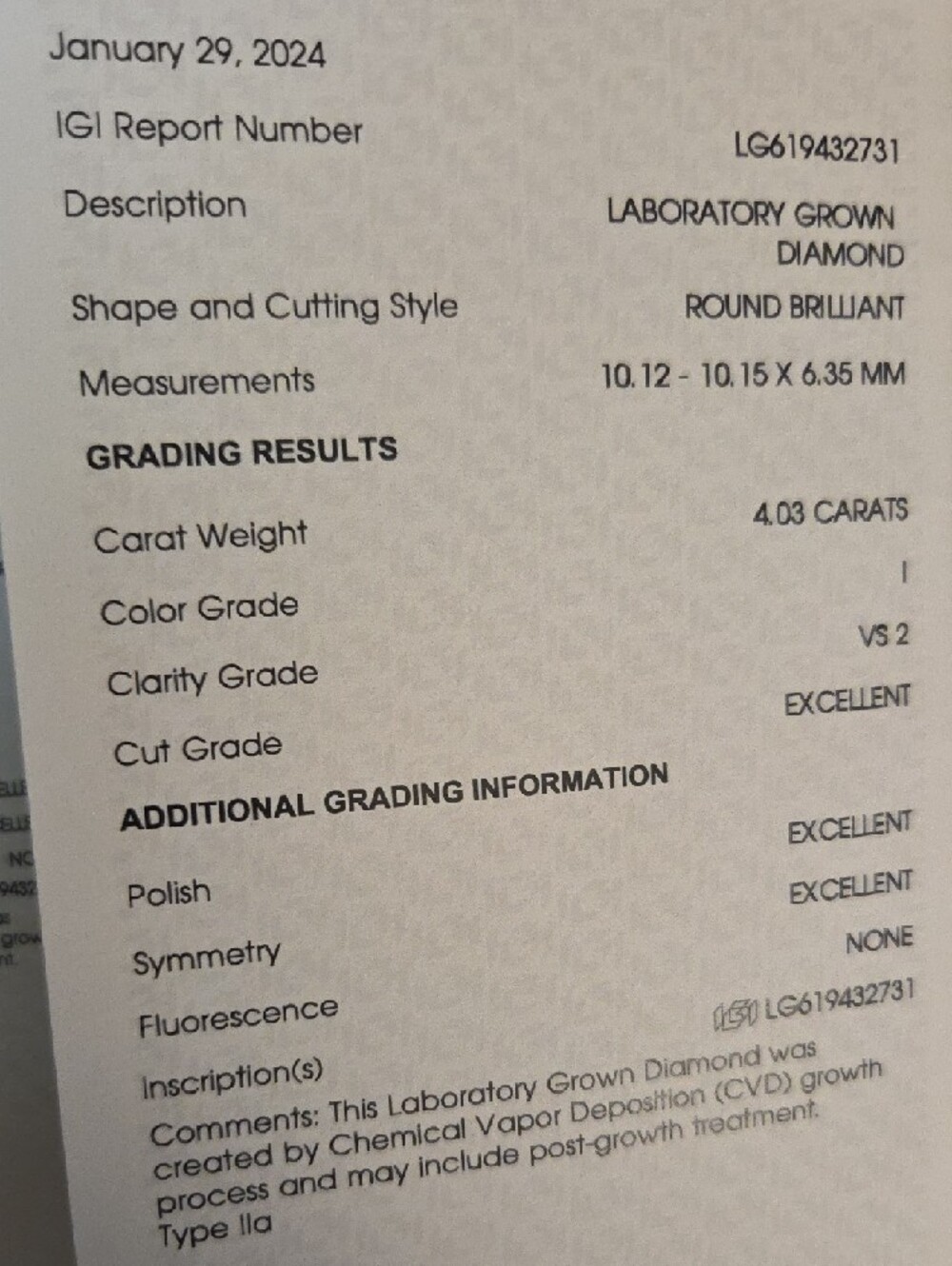 Loose Round Brilliant Cut Lab Diamond  4.03 I Color VS2 Clarity IGI Certificate - Picture 4 of 15